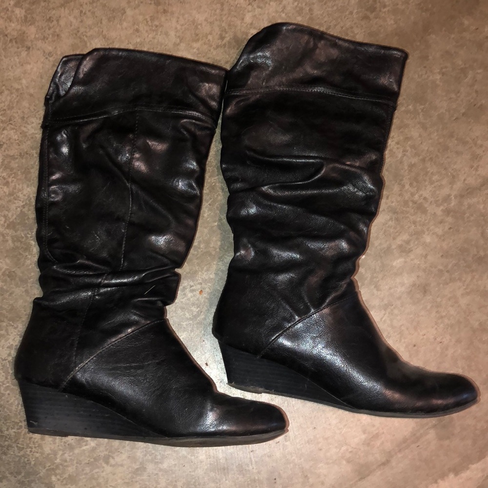 Black wedge knee high boots!